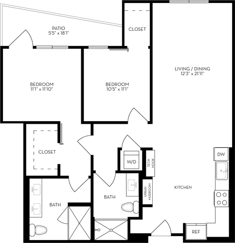 Floor plan for 2 beds, 2 baths, 1139 sqft
